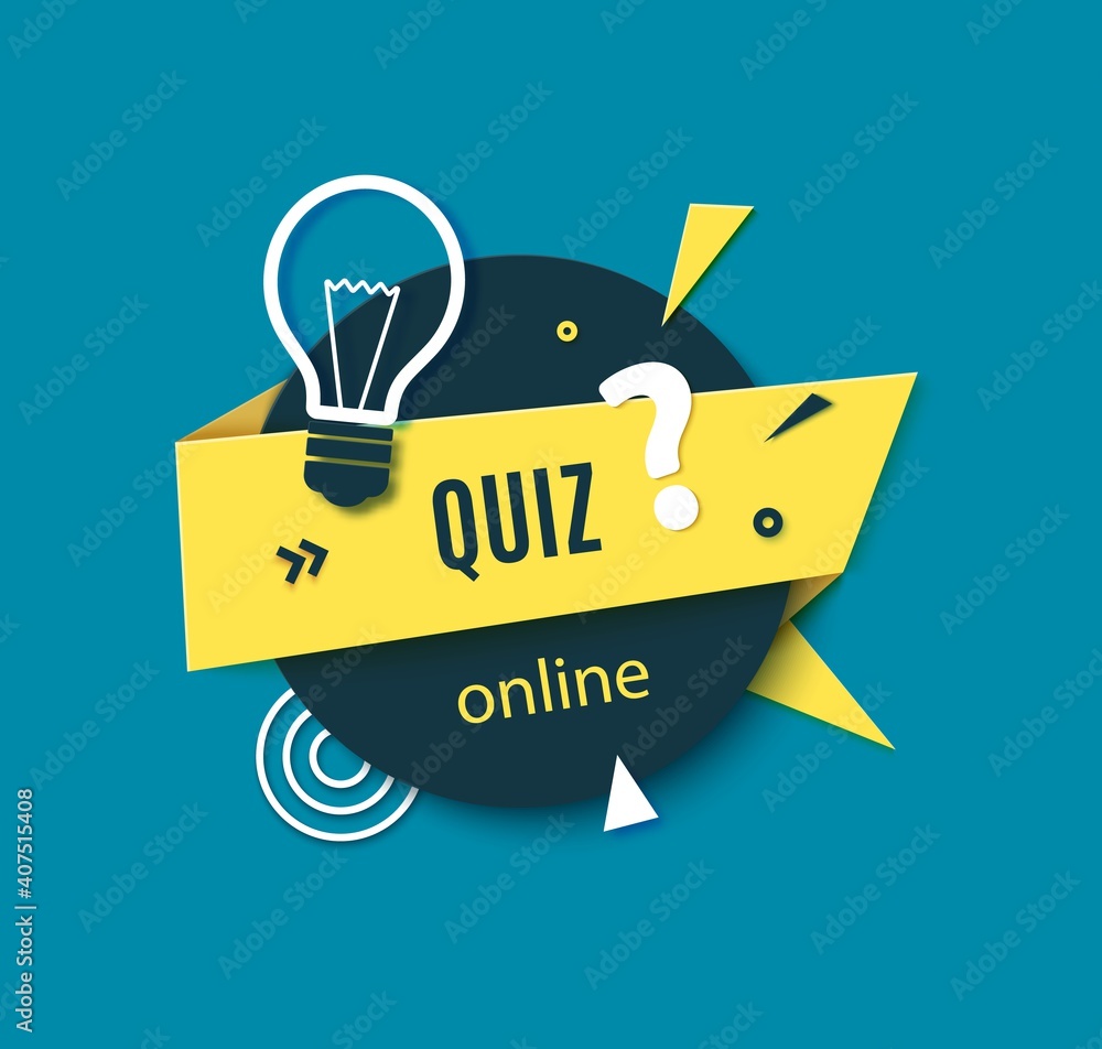 Quiz online label in paper cut style. Layout banner with dark circle and yellow folded strip of cardboard white bulb and question mark. Layered papercut sticker for ad flyer. Vector illustration