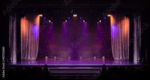 scene, stage light with colored spotlights and smoke