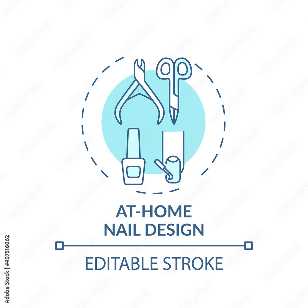 At-home nail design concept icon. Beauty procedure idea thin line illustration. Trimming, shaping and polishing nails. Manicures, pedicures. Vector isolated outline RGB color drawing. Editable stroke At-home nail design concept icon. Beauty procedure idea thin line illustration. Trimming, shaping and polishing nails. Manicures, pedicures. Vector isolated outline RGB color drawing. Editable stroke