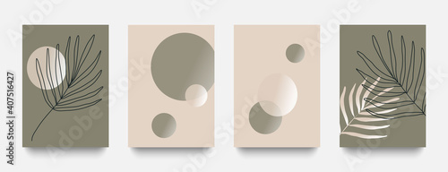 Vector set of abstract creative minimalistic art compositions of circles and branches perfect for wall decoration, postcards and background.
