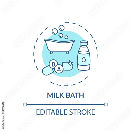 Milk bath concept icon. Home spa procedure idea thin line illustration. Inflammatory skin conditions improvement. Reducing wrinkles. Vector isolated outline RGB color drawing. Editable stroke