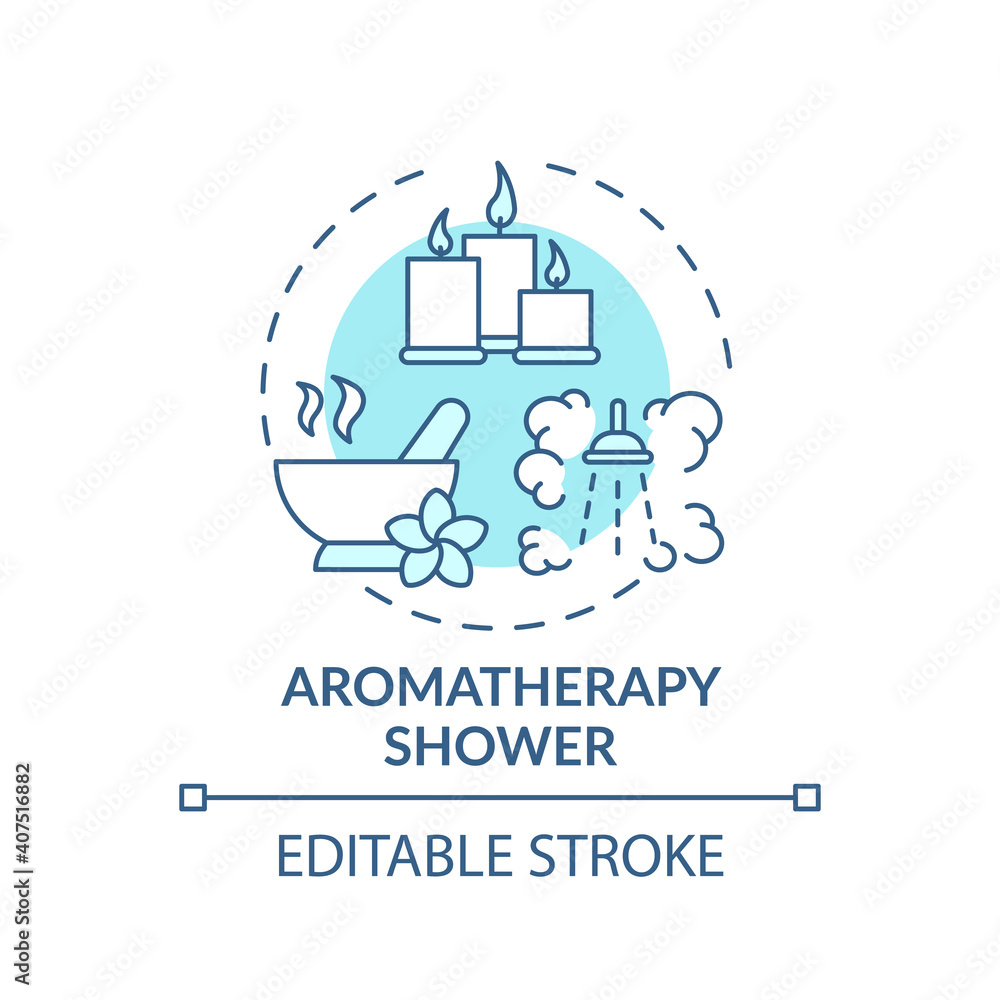Aromatherapy shower concept icon. Home spa procedure idea thin line illustration. Essential oils. Reducing stress, agitation and anxiety. Vector isolated outline RGB color drawing. Editable stroke