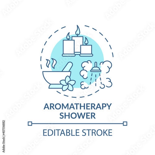 Aromatherapy shower concept icon. Home spa procedure idea thin line illustration. Essential oils. Reducing stress, agitation and anxiety. Vector isolated outline RGB color drawing. Editable stroke