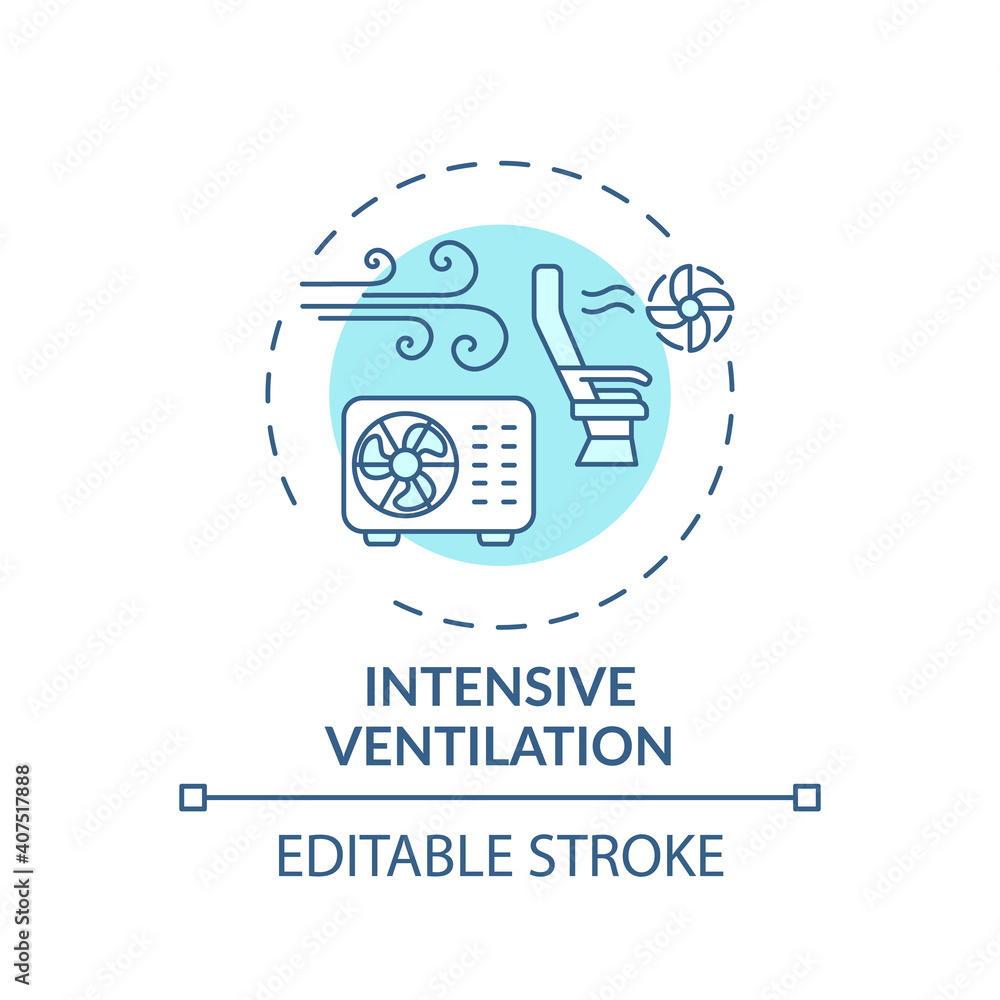Intensive ventilation concept icon. Air cleaning idea thin line illustration. Post-covid safety. Keeping rooms well ventilated. Vector isolated outline RGB color drawing. Editable stroke Intensive ventilation concept icon. Air cleaning idea thin line illustration. Post-covid safety. Keeping rooms well ventilated. Vector isolated outline RGB color drawing. Editable stroke