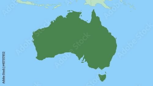 Map of Australia with pin of country capital. Australia Map with neighboring countries in green color.
