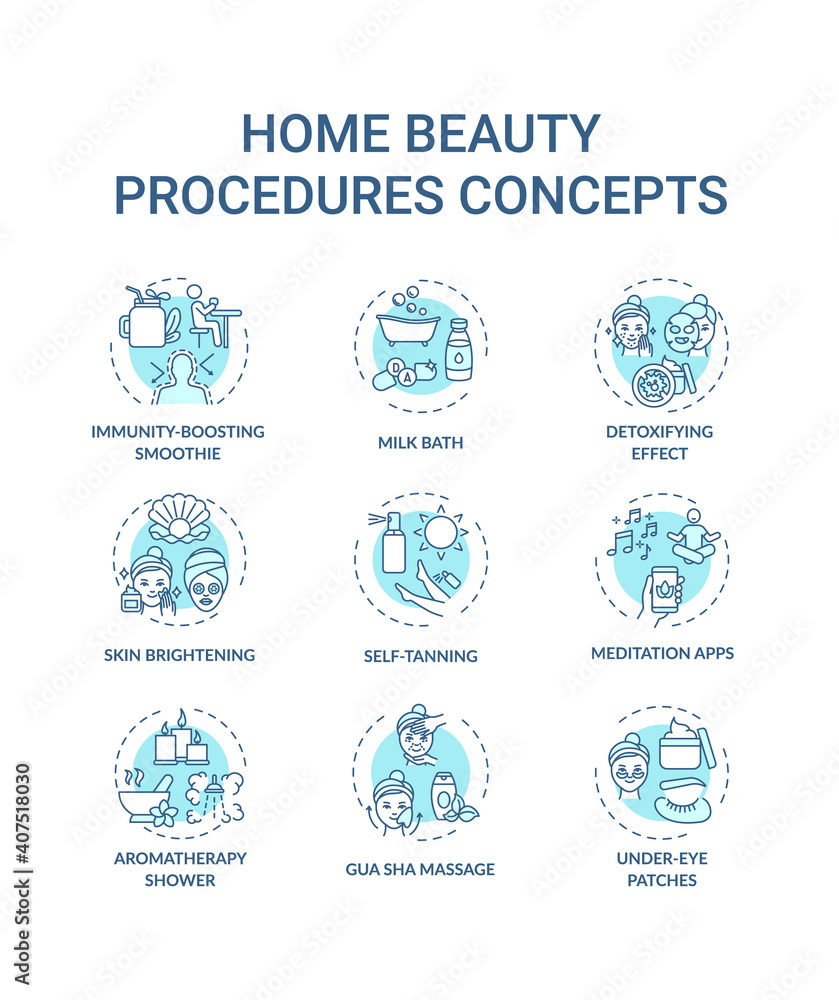 Home beauty procedures concept icons set. At-home spa activities idea thin line RGB color illustrations. Gua sha massage. Aromatherapy shower. Vector isolated outline drawings. Editable stroke
