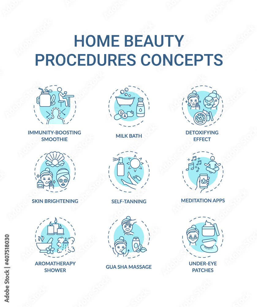 Home beauty procedures concept icons set. At-home spa activities idea thin line RGB color illustrations. Gua sha massage. Aromatherapy shower. Vector isolated outline drawings. Editable stroke Home beauty procedures concept icons set. At-home spa activities idea thin line RGB color illustrations. Gua sha massage. Aromatherapy shower. Vector isolated outline drawings. Editable stroke