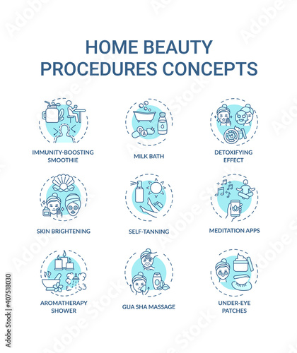 Home beauty procedures concept icons set. At-home spa activities idea thin line RGB color illustrations. Gua sha massage. Aromatherapy shower. Vector isolated outline drawings. Editable stroke