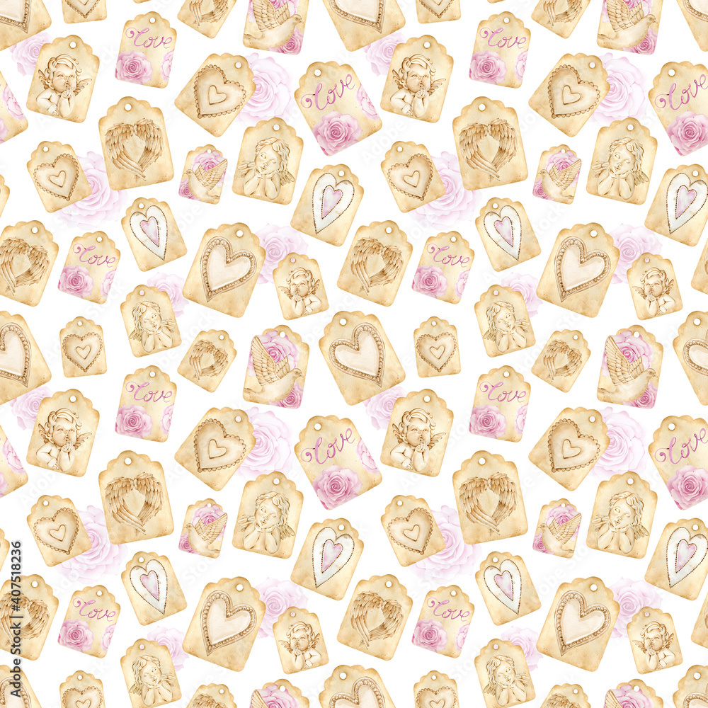 Watercolor brown paper love tag seamless pattern on the white background. Tags with angels, wings, hearts and roses.