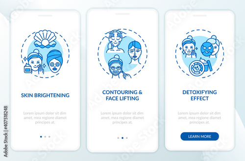 Facial mask effects onboarding mobile app page screen with concepts. Skin whitening, face lifting walkthrough 3 steps graphic instructions. UI vector template with RGB color illustrations