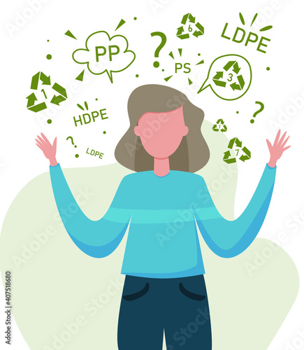 Girl, asking questions about the types of plastic and their meaning. Zero waste vector concept, template, design for banner, card, poster