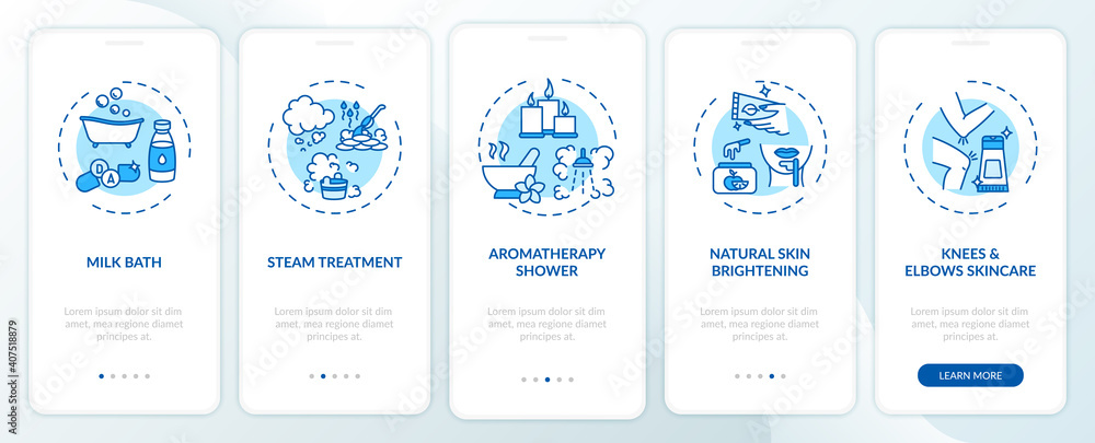 Spa procedures onboarding mobile app page screen with concepts. Milk bathing, steam treatment walkthrough 5 steps graphic instructions. UI vector template with RGB color illustrations