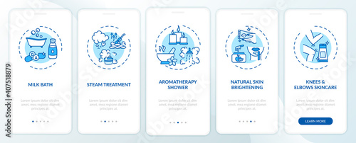 Spa procedures onboarding mobile app page screen with concepts. Milk bathing, steam treatment walkthrough 5 steps graphic instructions. UI vector template with RGB color illustrations