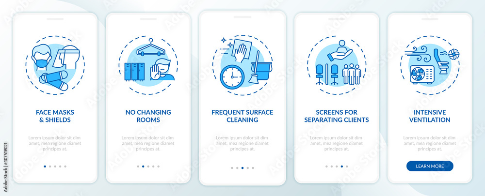 Beauty salon safety rules onboarding mobile app page screen with concepts. Masks, no changing rooms walkthrough 5 steps graphic instructions. UI vector template with RGB color illustrations
