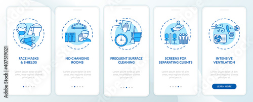 Beauty salon safety rules onboarding mobile app page screen with concepts. Masks, no changing rooms walkthrough 5 steps graphic instructions. UI vector template with RGB color illustrations