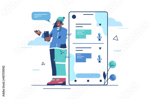 Online voice translator vector illustration. E-learning, translate languages or audio guide. Artificial intelligence chatbot translator. Woman with smartphone. Learning languages concept