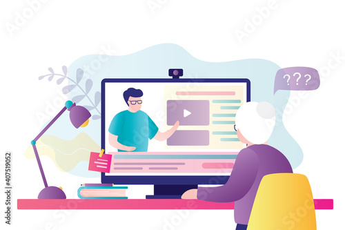 Grandmother studying on online courses. Elderly woman sitting at desktop and studying