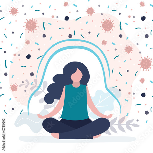Female character protected from bacteria and viruses. Woman boosting immune system with yoga. Cute girl practicing meditation