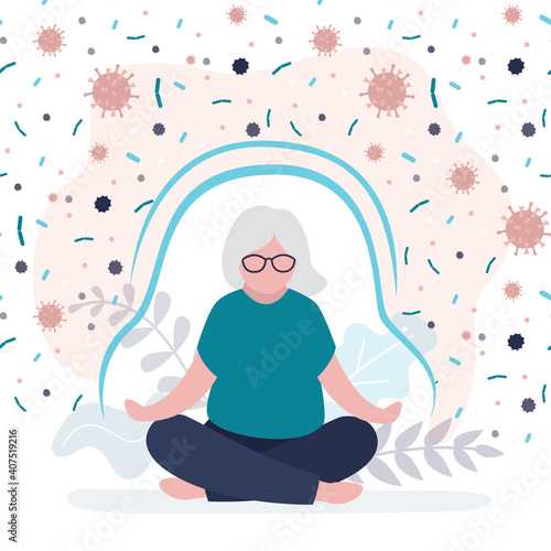 Female character boosting immune system with sports and yoga. Granny protected by barrier from viruses