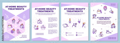 At-home beauty treatments brochure template. Flyer, booklet, leaflet print, cover design with linear icons. Face skin care. Vector layouts for magazines, annual reports, advertising posters