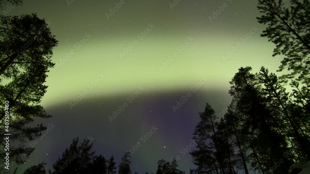MOTION TIMELAPSE ZOOM OUT of the Aurora Borealis over a clearing in a forest MOTION TIMELAPSE ZOOM OUT of the Aurora Borealis over a clearing in a forest