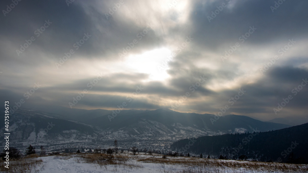 Cloudy day in the carpathian mountains in winter