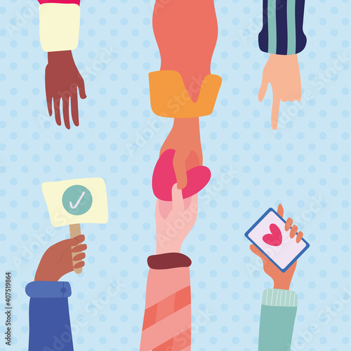 group of six hands friendship drawn style icon