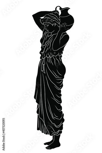 A young slender ancient Greek woman stands and holds a clay jug on her shoulder.