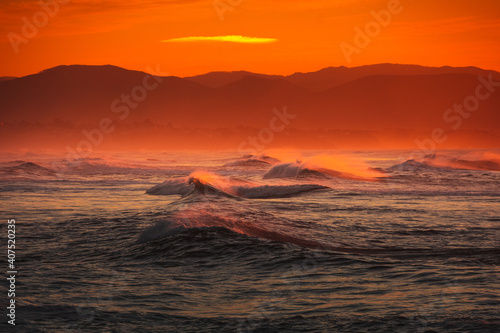 Huge waves on the city of Biarritz at the Basque Country's coast.