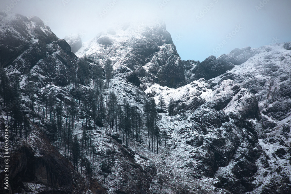 Look at the Aiako Harriak Natural Park on a snowy winter day; Basque Country.