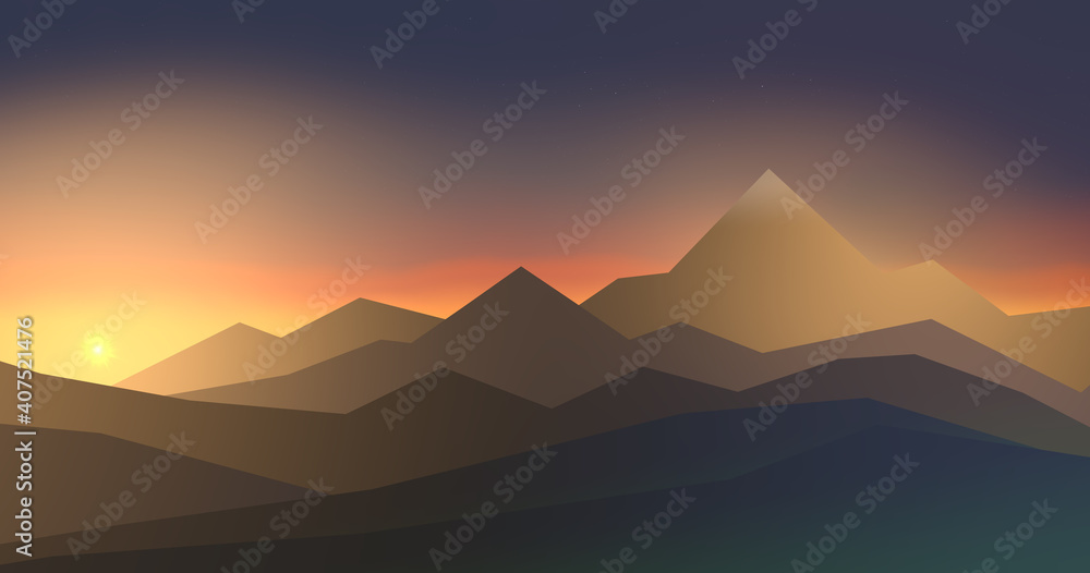 Simple illustration of mountainous landscape with high mountains in sunset - 3d illustration