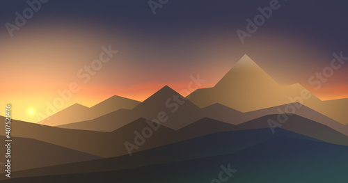 Simple illustration of mountainous landscape with high mountains in sunset - 3d illustration