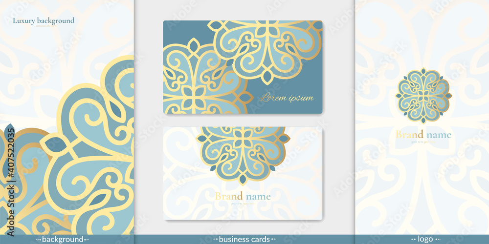 Set of logo, business cards and pattern. Can be used for beauty and fashion industry. Great for emblem, monogram, invitation, flyer, menu, background, or any desired idea.