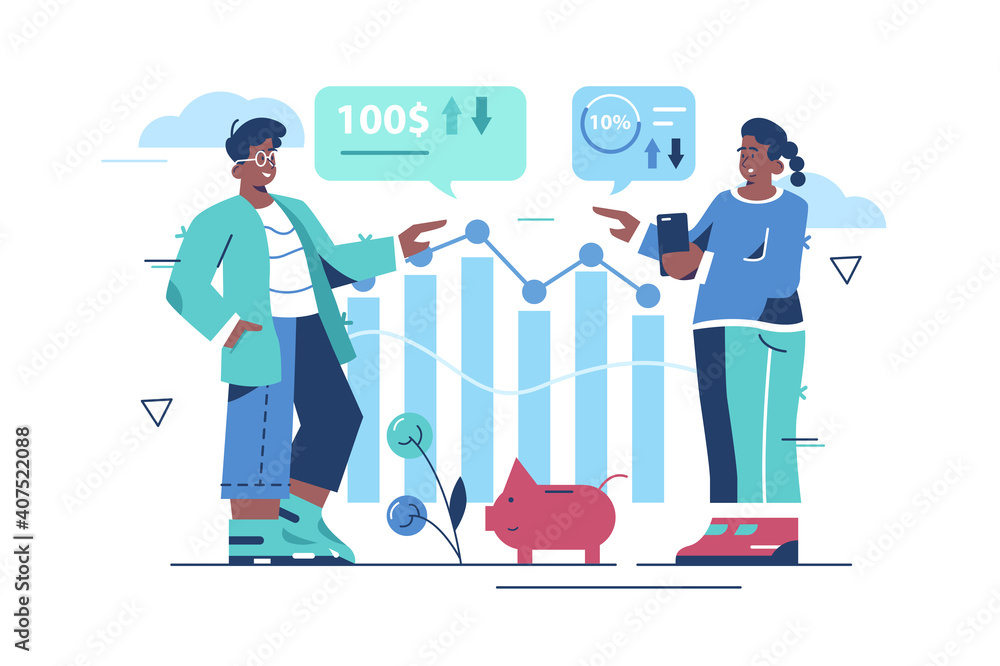 Financial management with team people vector illustration. Man and woman discuss finance problems, exchange rate, income level flat concept. Piggy bank, stock graphs. Analysis, money review idea