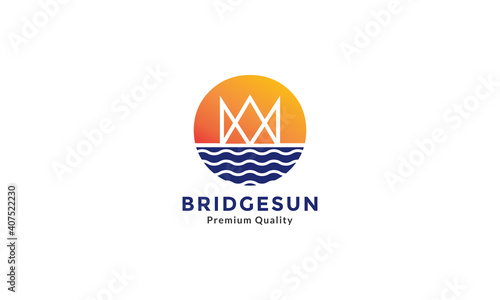 bridge with sea and sunset circle logo symbol icon vector graphic design