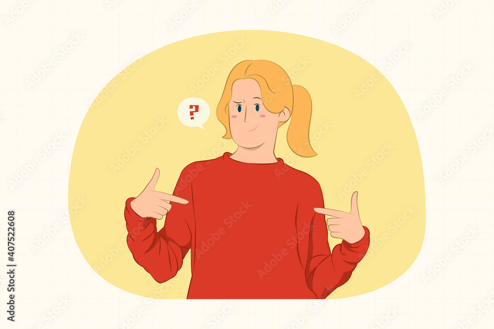 Confused young woman pointing index fingers on herself concept Confused young woman pointing index fingers on herself concept