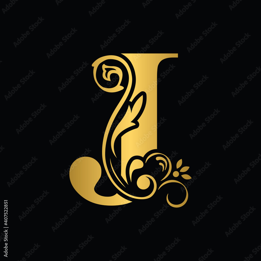 Fototapeta premium Golden letter J. flower letters. Vintage ornament initial Alphabet. Logo vector 