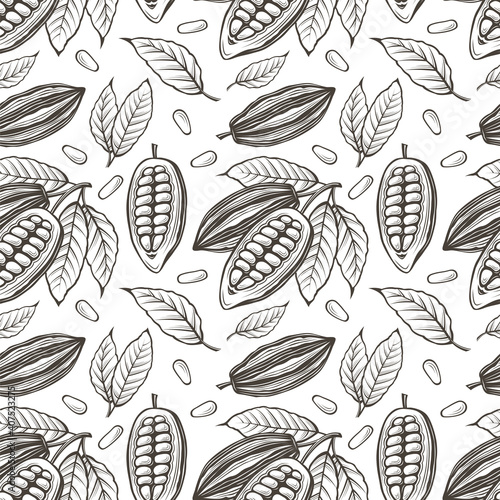 seamless pattern of cocoa beans, branch and leaves on white background