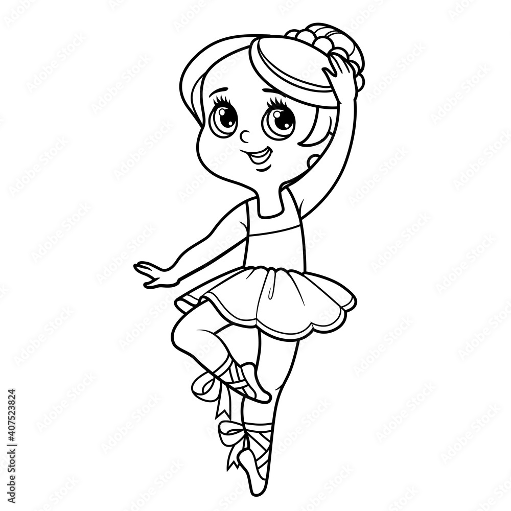 Beautiful ballerina girl in tutu dancing on one leg in pointe shoes outlined for coloring isolated on a white background Beautiful ballerina girl in tutu dancing on one leg in pointe shoes outlined for coloring isolated on a white background