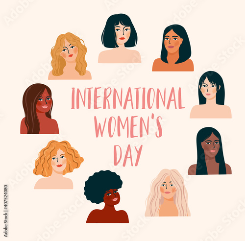 International Womens Day. Vector illustration with women different nationalities and cultures.