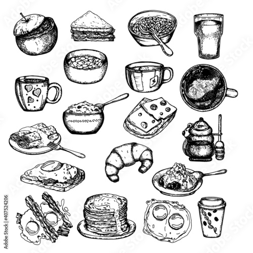 Breakfast set.  Vector. Black and white drawing. Drawn illustrations. Isolated on white background