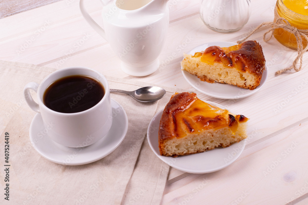 traditional homemade baked cake or tart and espresso in a cup traditional homemade baked cake or tart and espresso in a cup