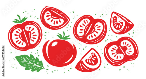 Collection of fresh red tomatoes. Half, slice of tomato
