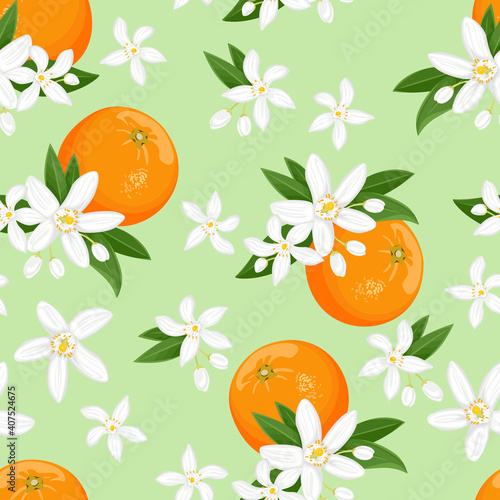 Seamless pattern with oranges fruit and white flowers on green background. Blooming citrus plant with buds and leaves. Vector floral illustration in cartoon flat style.