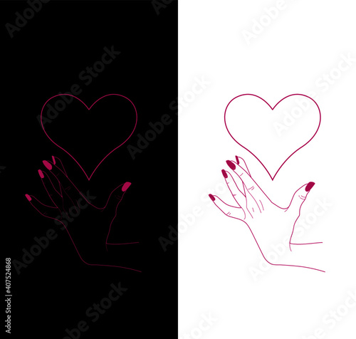 Valentine's day illustration. Woman's hand with painted nails. A big heart. Lineart. Black and white background