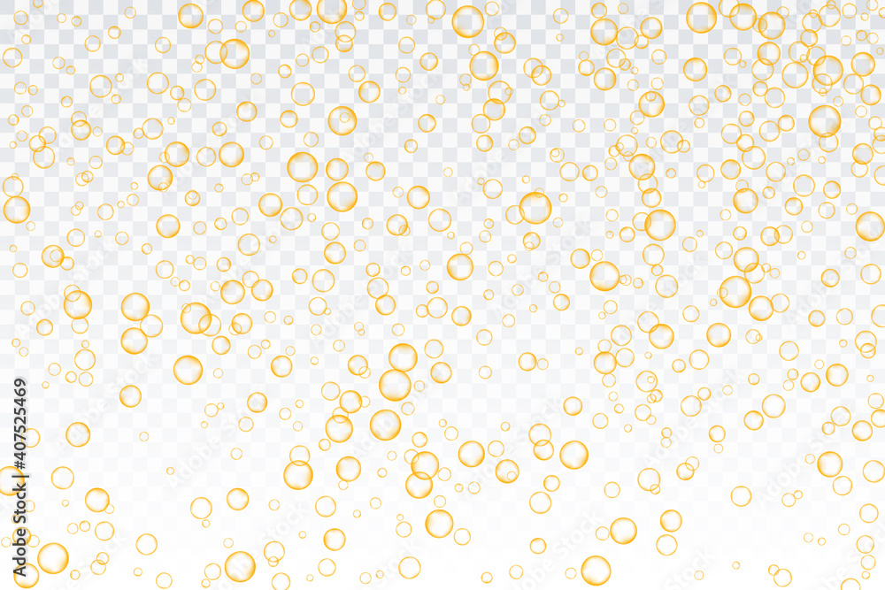 Golden air bubbles, oxygen, champagne crystal clear, isolated on a transparent background of modern design. Vector illustration of eps 10. Golden air bubbles, oxygen, champagne crystal clear, isolated on a transparent background of modern design. Vector illustration of eps 10.