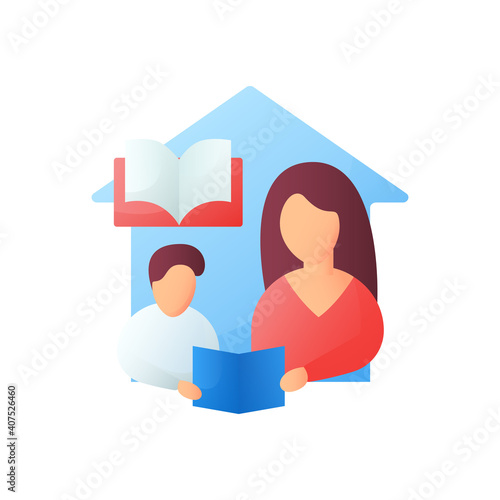 Reading book flat icon. Child learns to translate text with mom. Online education concept. Distant remote teaching and homeschooling. Isolated color vector illustration