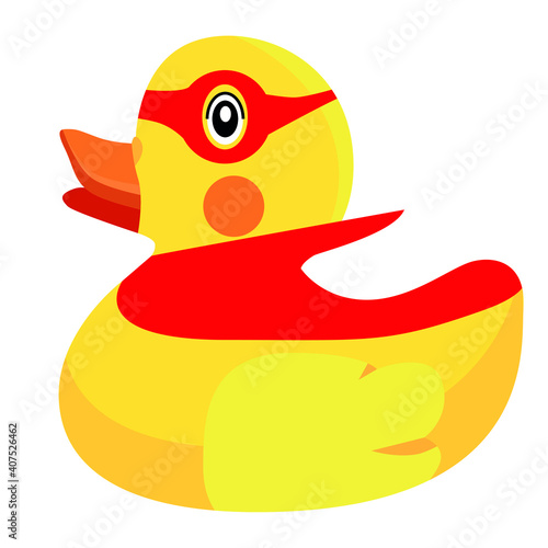 Yellow Rubber duck bath toy, character a superhero in a red cape and a red mask