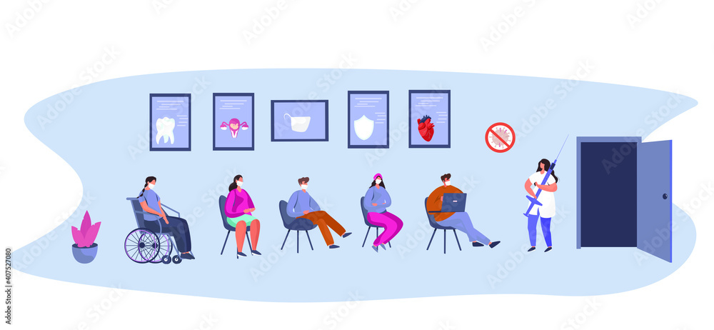 Patients Sitting in Chairs and Waiting for Doctor's Appointment Time at Hospital.Men and Women at Physician's Office or Clinic. Hospital Queue and Registry Service in Quarantine.Vector Illustrstion