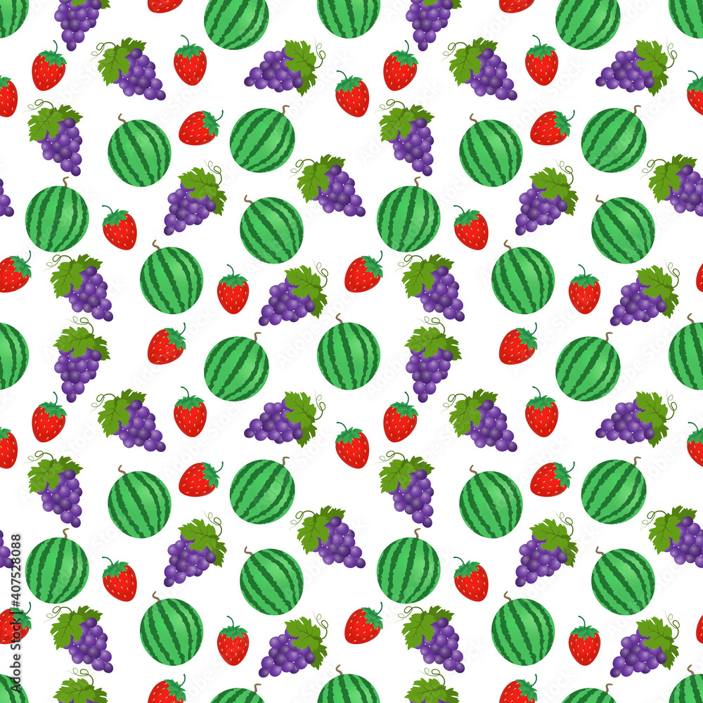 Seamless pattern of ripe and juicy watermelon, delicious grapes and sweet strawberries. This fruit design for your business projects. Ideal for fabrics and decor. Beautiful vector background. Seamless pattern of ripe and juicy watermelon, delicious grapes and sweet strawberries. This fruit design for your business projects. Ideal for fabrics and decor. Beautiful vector background.